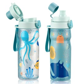 PIQUEBAR Kids insulated Water Bottle 17oz & Sport Water Bottle 24oz Set, Stainless Steel Metal Vacuum Water Bottles, Leakproof Tritan Sport Water Bottles for School Boys Girls,Blue Sea
