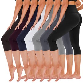 TNNZEET 7 Pack Capri Leggings for Women - High Waisted Tummy Control Yoga Pants for Workout Gym Black Grey Light Grey White Navy Blue Purple Brown