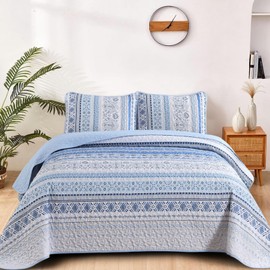 Goodidea Boho Quilt Queen Size, Light Blue Bohemian Bedspread Queen Size Set with 2 Pillow Shams, Lightweight Summer Soft Microfiber Boho Bedding Set for All Seasons 96"x90"(Bed Decor 3 Pieces)