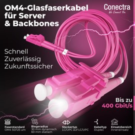 Conectra® - Fibre Optic Cable | OM4 | Multimode | Duplex | LC/UPC to LC/UPC | Colour Magenta | Ideal for Corporate and Home Networks | Fibre Optic Cable (Length 1 Metre)