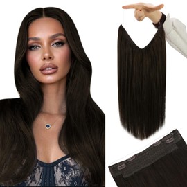 YoungSee Wire Hair Extensions Dark Brown 12inch 70g Invisible Wire Human Hair Extensions for Wedding Short Straight Fish Line Human Hair Extension Reusable