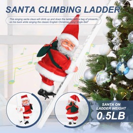 SdeNow Electric Santa Ladder with Climbing Santa Claus,Singing Santa Christmas Plush Toys Decorations with Music for Xmas Tree Ornament Indoor