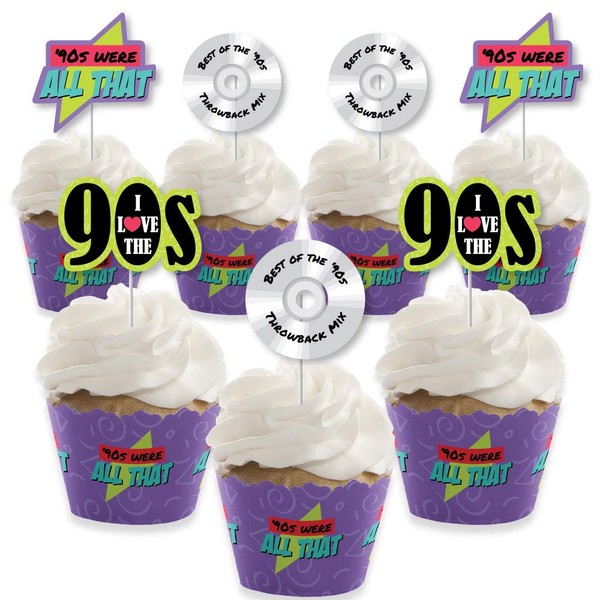 90 's Throwback – Decoración para cupcakes – 90 's Party Cupcake Wrappers and Treat Picks Kit – Juego de 24