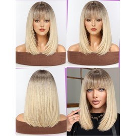 WOKESTAR Staright Wig with Fringe Synthetic Mid-length Layered Wigs for Women Blonde Color
