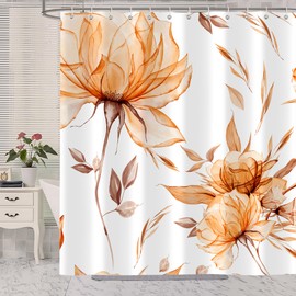Orange Grey Watercolor Floral Shower Curtain, Flower Leaves Minimalist Aesthetic Art Shower Curtains Set for Bathroom Decor, Waterproof Polyester Cloth Fabric with 12 Hooks,72x72 Inch