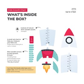 Teté The Rocket - Wooden Growth Chart for Kids | Track Height Up to 4ft | Space Theme Wall Height Chart for Children | Galaxy Wall Ruler for Kids Room | Easy to Install, No Tools Needed