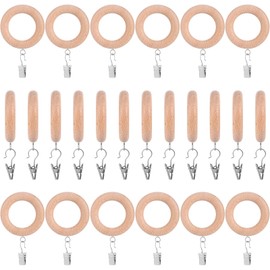 24 Pack Wooden Curtain Rod Rings with Drapery Clips Farmhouse Beech Wood Drapes Rings 1.5 Inch Interior Diameter Rustic for 1.1 Inch Curtain Rod Pole (Natural, Inner Dia 1.5 in)