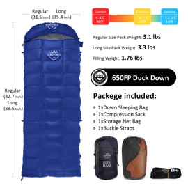 OMVMO 15 Degrees F 650 Fill Power Down Sleeping Bag for Adults,Lightweight 4 Season Envelope Rectangle Down Sleeping Bag for Backpacking Camping,Dark Blue Right-Zipper Long