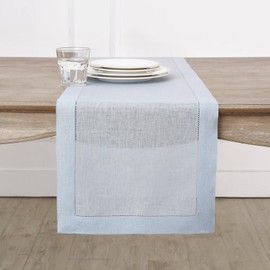 Solino Home Linen Light Blue Table Runner 120 Inches Long - 100% Pure Linen 14 x 120 Inch Table Runner for Summer - Classic Hemstitch