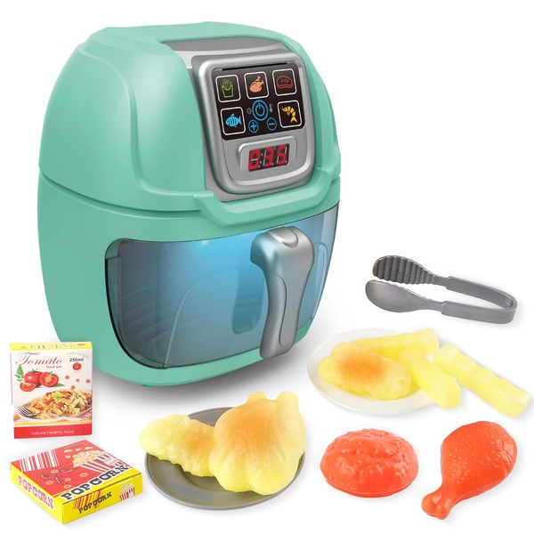 deAO Kitchen Play Set, Kids Air Fryer Pretend Role Play Kitchen Toy with 14 Pieces Kitchen Accessories with Realistic Light, Sound & Play Food, Kitchen Educational Toy Set for Kids Girls Boys (GREEN)