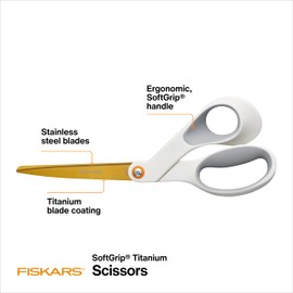 Fiskars SoftGrip Titanium Scissors, Stainless Steel Blades for Paper Crafting and Ergonomic Handle for Comfort and Control in Cutting Tasks, White