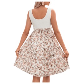 MakeMeChic Women's Maternity Floral Print Sleeveless Knitted Belted Flowy Short Tank Dress Khaki Medium