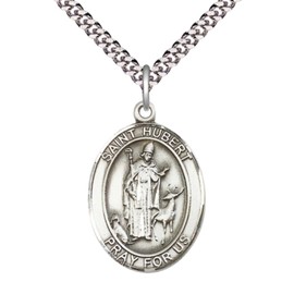 Saint Hubert of Liege Men's Sterling Silver Medal Necklace– Patron Saint of Archers, Hunters & Dogs – 24” Light Rhodium Plated Heavy Curb Chain – Velvet Gift Box
