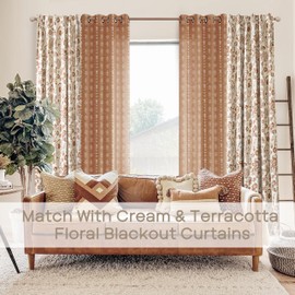 Lino Rosa Terracotta Boho Curtains 84 Inch Length 2 Panels Set Vintage Floral Farmhouse for Living Room,Patterned Sheer Linen Aztec Printed Western Long Rustic Vintage for Bedroom,Rust Colored