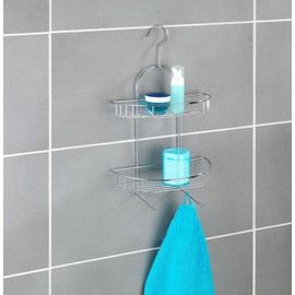 Wenko 15887100 Exclusive shower caddy Kuopio semicircular shower rack, 2 shelves, 2 hooks, Metal Steel, 28 x 43 x 15.5 cm, Chrome