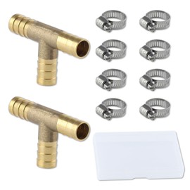 LEONTOOL 2 Pcs Brass Barb Tee Fitting 1/2"(12mm) ID Hose Pipe Fitting T-Shaped with 6 Pcs Stainless Steel Pipe Clamps, 3 Ways Hose Barb Reducer for Water Fuel Gas Air Oil