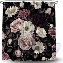 Black Floral Shower Curtain Dark Rose Boho Flower Blossom Wildflower Woman Vintage Plant Rustic Sketch Art Modern Aesthetic Bath Curtain with Hooks