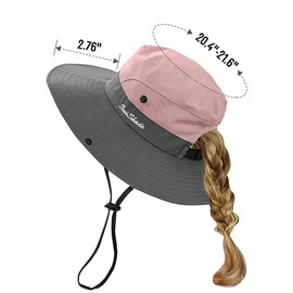 ZEXIAN 5-12Y Kids Girls Ponytail Summer Sun Hat Wide Brim UV Protection Bucket Beach Cap (Pink)