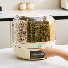 UFORU Rice Dispenser | 360° Rotating Grain Storage Bin - 6 Grids, 20LBS Large Capacity Food Container, Moisture-Proof, One-Click Output for Rice, Beans & Pet Food - Kitchen Pantry Organizer