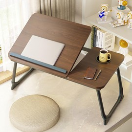 Laptop Desk for Bed, Adjustable Laptop Stand with 5 Adjustable Angles, Portable Lap Tray Table with Cup Holder, Laptop Bed Desk Tray for Eating Working Writing Reading (Brown)