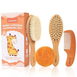 4 Pack Wooden Baby Hair Brush Set, Baby Brush and Comb Set with Soft Goat Bristle, Cradle Cap Brush for Newborns & Toddlers, Perfect Baby Registry Gif