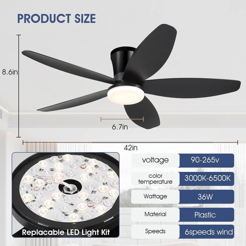 Surtime 42" Ceiling Fans with Lights-Low Profile Ceiling Fan with
