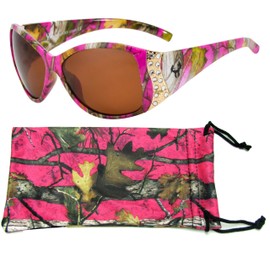 Hornz Hot Pink Camouflage Polarized Sunglasses for Women Rhinestone Accents & Free Matching Microfiber Pouch – Hot Pink Camo Frame – Amber Lens