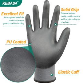 Kebada W1 Work Gloves for Men and Women, Working Gloves with Grip,12 Pairs Thin Mechanic Gloves,PU Coating on Palm & Fingers,Breathable Mens Gardening Gloves,Gray Small