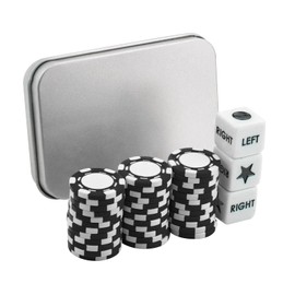 Left Right Center Dice Game Set with 3 Dices + 36 Black Poker Chips and Silver Storage Box