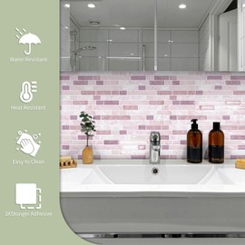 MOONFUN MOONFUN Thicker Design Peel and Stick Tile Backsplash,10 Sheet of 12" x 12" 3D Self Adhesive Wall Tile Stick on Backsplash for Kitchen, Bathroom,RV(Pink)