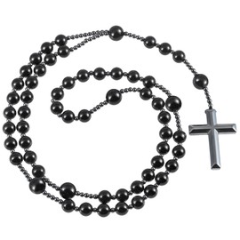 Nupuyai Obsidian Crystal Stone Beads Cross Pendant Necklace for Men, Catholic Rosary Necklace Hematite Cross Necklace Men
