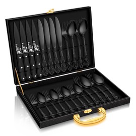 Stapava 24 Pcs Black Silverware Set with Gift Box, Gorgeous Retro Royal Silverware Set for 4, Stainless Steel Mirror Flatware Cutlery Set for Home Party Wedding, Dishwasher Safe Utensils Set