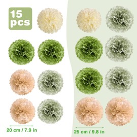 Moorle 15 pcs Sage Green Tissue Paper Pom Poms Flowers Decorations Pom Pom Garland Sage Green Party Decorations for Wedding Table Decoration Birthday Baby Shower Bridal Engagement Ceiling Decorations