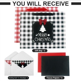 2 Pack Christmas Gift Bags with Greeting Cards and Tissue Papers, 12.6" Xmas Paper Plaid Bags With Handles, Reusable Holiday Bags for Present Wrap Decor