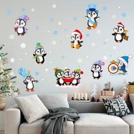 Chinco 9 Sheets Christmas Decorations Snowflake Winter Penguin Wall Decals Holiday Snowflake Penguin Decals for Bedroom Room Decor, Christmas Party Supplies