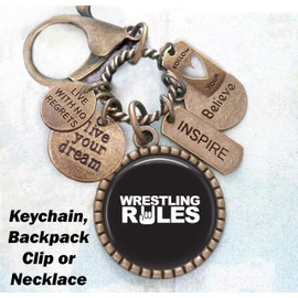 Wrestling Rules Keychain, Backpack Clip or Necklace, Live Your Dream, Live With No Regrets, Follow Your Heart, Boys, Teens, Wrestler