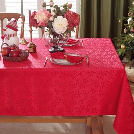 Christmas Tablecloth Rectangle 60 x 102 Inch Holly Berries Jacquard Spill Proof Wrinkle Free Damask Table Cloth, Polyester Fabric Table Cover for Dining, Party, Xmas, Winter, Holiday, Red