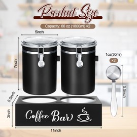 Maxcheck 2 Pcs 66 oz Coffee Canisters with Shelf 304 Stainless Steel Coffee Station Container for Ground Coffee Bean Storage with Airtight Locking Clamp and Scoop, Kitchen Food Storage Jars (Black)