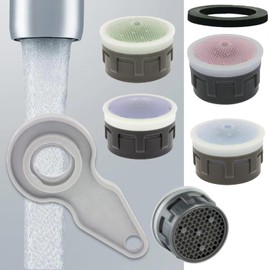 Flow Options Aerator Kit Faucet Inserts 1.2 GPM - 1.8 PCA Water-Saving Replacement Restrictors - 5 Pack Install Wrench Kithen Bathroom Aerated Stream Parts Set (Regular Size)