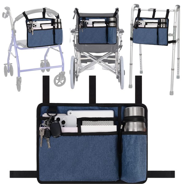 supregear Walker Bag with Cup Holder, Water-Resistant Wheelchair Pouch Folding Walker Accessory Basket for Wheelchairs, Rollators, Scooters, Blue