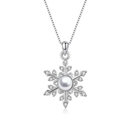 Deyanse Silver Christmas Necklace for Women, 925 Sterling Silver Snowflake Pendant Necklace with White Pearl Zirconia, Hypoallergenic 45+5cm Silver Xmas Long Chain, Gift for Ladies Wife Girls Mother