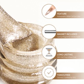 MAYCHAO 15ML Cat Eye Gel Nail Polish 1Pc Champagne Gold Gel Polish with Magnet Soak off Holographic Magnetic Nail Polish for Nail Art Manicure Salon DIY at Home, 0.5 OZ