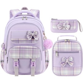 Spotted Tiger School Backpack for Girls Backpack with Lunch Box Teen Girl Bookbag Set Kids School Backpacks for Girls (Purple)