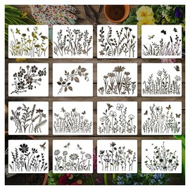 Stencil Sheets Set of 16 Flower Template Grass Template Leaf Planner Template Cute Painting Stencil Stencil Plate Drawing Stencil Plate Drawing Stencil Plate Message Journal Card DIY Painting Drawing
