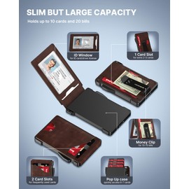 typecase Tactical Wallet for Men Card Holder: Pop Up Card Case, Genuine Leather, Smart, RFID Blocking, Slim, Minimalist, Thin, Front Pocket - 9-13 Card Capacitiy, ID Window, Money Clip (Brown)