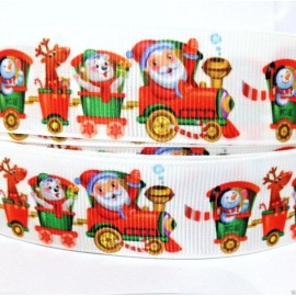 Grosgrain Ribbon 1" Christmas Santa Claus on Train Printed B (Combine Shipping)