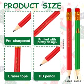 Whaline 50Pcs Christmas Pencils with Erasers 2 Styles Short Writing Pencils Red And Green Xmas Half Pencils Merry Christmas And Christmas Tree for Home Office School Supplies,4 In