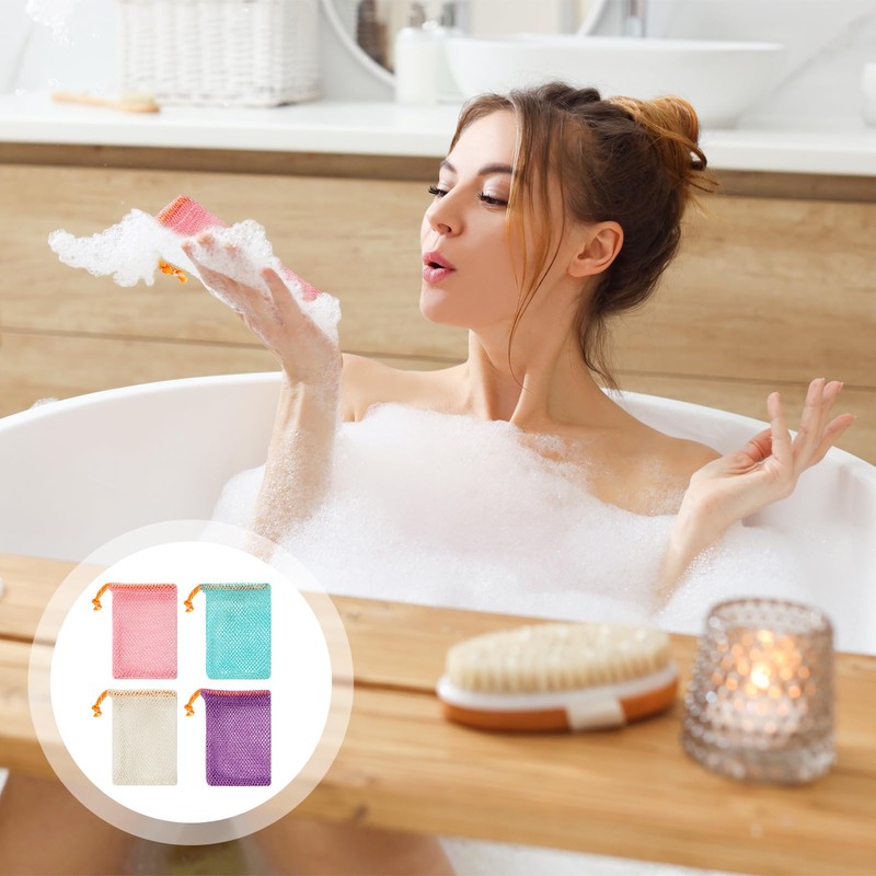 Pack of 4 Nylon Soap Bags, Colourful Soap Bags with