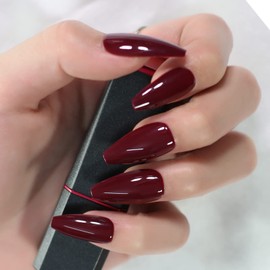 LINSSQ Glossy Dark Red Press on Nails,Medium Length Coffin False Nails,Beauty Solid Color Manicure Reusable UV Gel Fake Finger Nail Art for Daily Office Party
