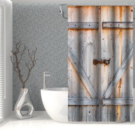 SDOTPMT 90 x 180 cm Vintage Barn Door Shower Curtain Retro Wooden Plank Bath Curtain Country Country Bath Curtain for Bathroom Polyester with Hooks